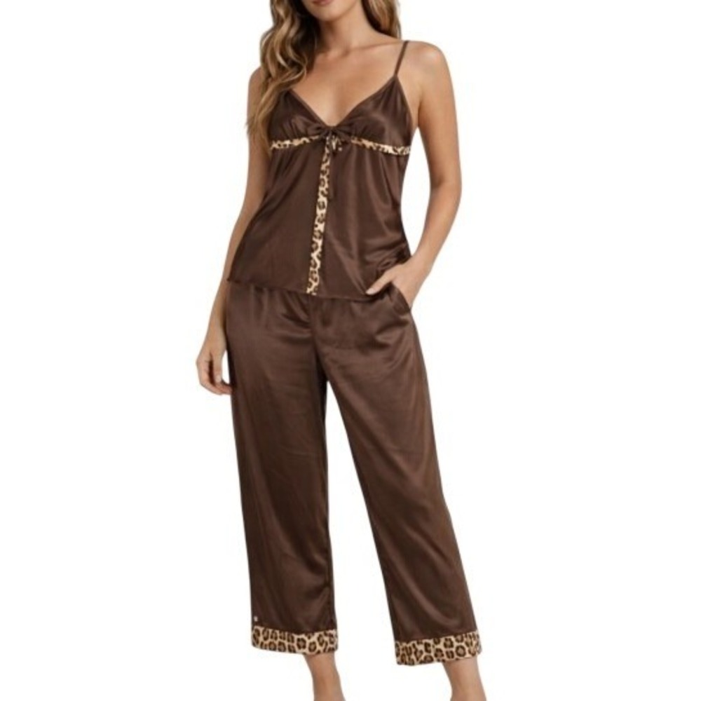 Delicates Pajamas Set Womens M Satin Leopard Trim Cami Pants‎ Sleepwear Lounge